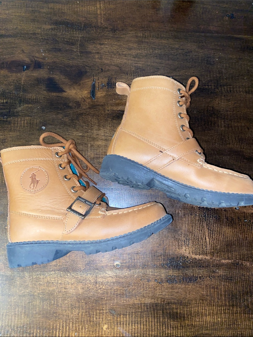 Boys Polo by Ralph Lauren Tan Leather Lace-Up Moc Toe Boots with Buckle